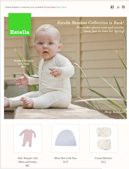 Estella cares enough to inform their customers about a collection being back in stock and being open for pre-ordering.