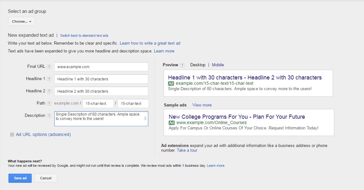 Creating an Expanded Ad in AdWords Online Interface
