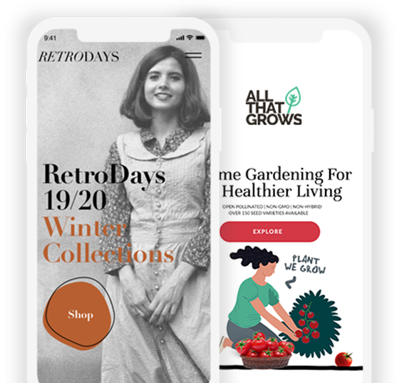 Retro-style AllThatGrows website built on Shopify - Mobile View